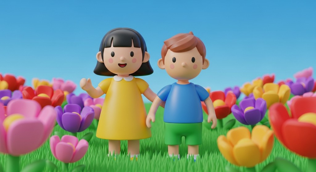 태아보험비교사이트 순위 확인 전 비교 체크리스트를 준비하시는 부모님을 위한 안내 — 꽃밭에서 함께 있는 아이들의 밝은 3D 일러스트